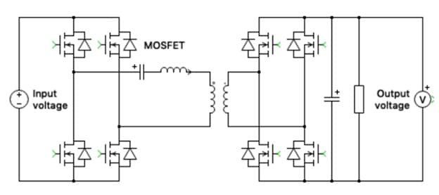 A detailed schematic of an electrical circuit featuring MOSFET components. 