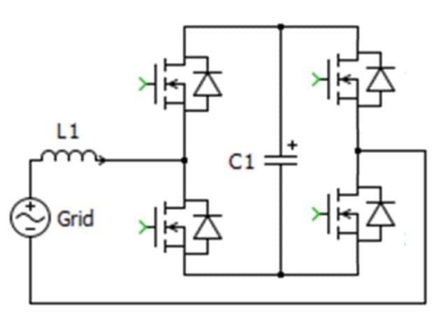 A schematic diagram showcasing an electrical circuit connected to a grid. 