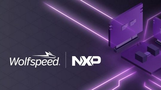 A digital graphic showcasing the Wolfspeed and NXP logos alongside abstract representations of semiconductor components.