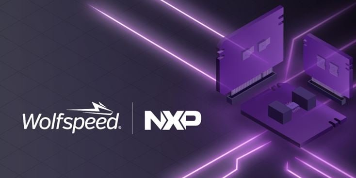 A digital graphic showcasing the Wolfspeed and NXP logos alongside abstract representations of semiconductor components.