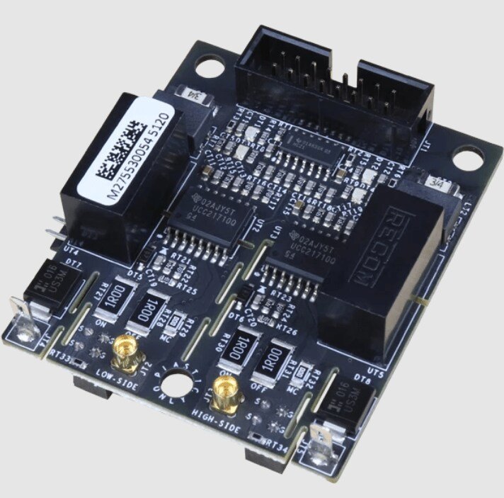 A close-up view of an electronic circuit board featuring multiple components, connectors, and visible text labels