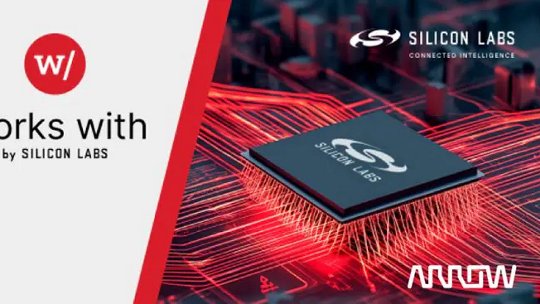 A Silicon Labs microchip is showcased on a vibrant red circuit board, emphasizing advanced technology and connectivity. 