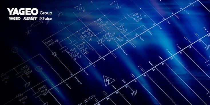 A detailed circuit blueprint featuring technical schematics and diagrams set against a blue gradient background. 